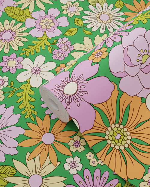 ESTAhome behang retro bloemen groen, paars, beige en oranje - 50 x 900 cm - 131808