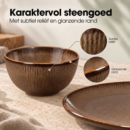 Mica Decorations Nusa Set Bruin 12-delig - Serviesset met Warme Uitstraling - Borden en Soepkommen van Steengoed voor Dagelijks Gebruik - Afmeting 28