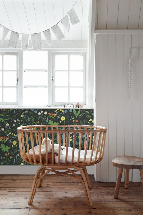 ESTAhome behang veldbloemen multicolor op zwart - 53 cm x 10.05 m - 139392