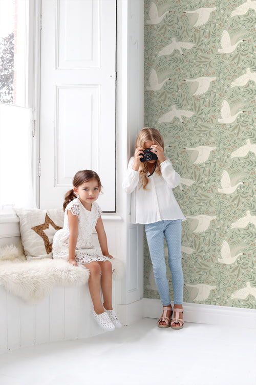 ESTAhome behang zwanen mintgroen - 53 cm x 10.05 m - 130960