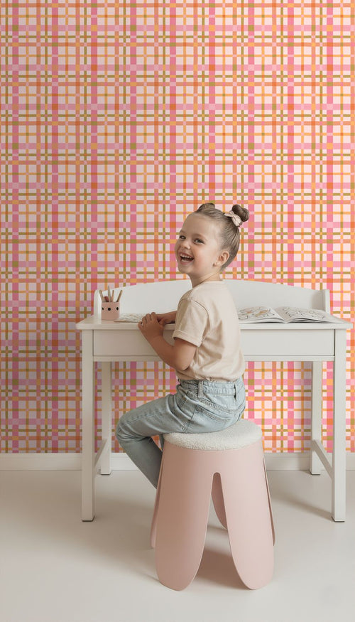 ESTAhome behang ruitjes roze, groen en terracotta - 50 x 900 cm - 132052