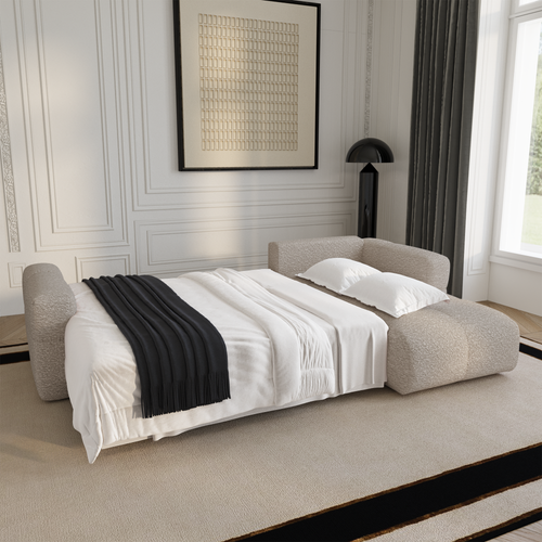 Premium Interiors - Rechthoekige hoekbank met slaapfunctie en opbergruimte VIBE - bouclé-stof beige 286cm