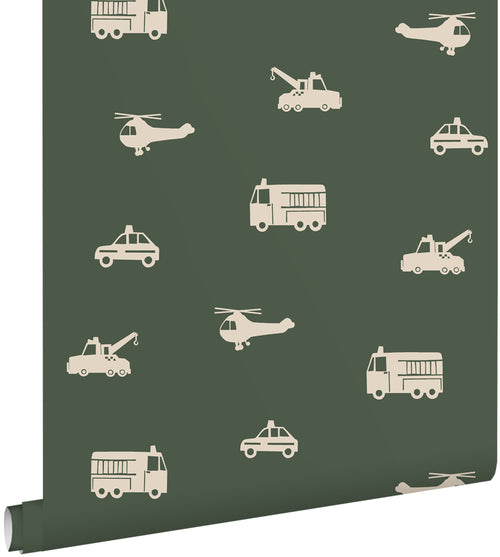 ESTAhome behang auto's, brandweerauto's, helikopters en kranen vergrijsd olijfgroen - 50 x 900 cm - 131455 - vtwonen shop