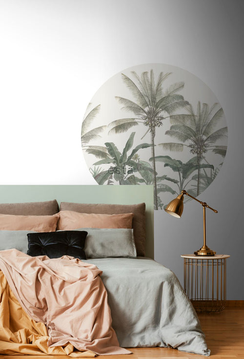 ESTAhome zelfklevende behangcirkel palmbomen lichtbeige en vergrijsd groen - Ø 140 cm - 159007