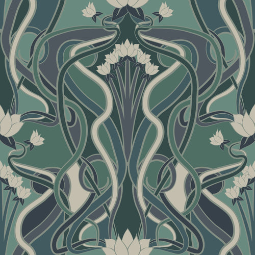ESTAhome behang vintage bloemen in art nouveau stijl vergrijsd groen en blauw - 50 x 900 cm - 139894 - vtwonen shop