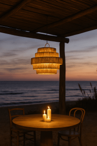 Grote Hanglamp PULAU Ø65 cm – Handgemaakte Plafondlamp van Natuurlijk Raffia – Trapvormige Boho Lamp voor Horeca, Eettafel of Interieur – Sfeervoll... - vtwonen shop