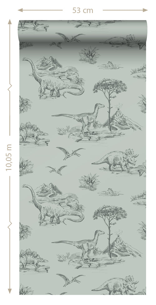ESTAhome behang dinosaurussen vergrijsd zeegroen - 53 cm x 10.05 m - 139556