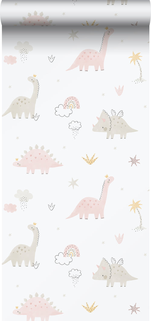 Sanders & Sanders behang dinosaurussen licht roze, wit en grijs - 53 cm x 10.05 m - 640620