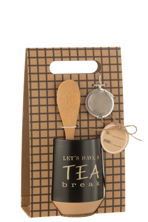 J-Line theemok + lepel + theebal 'Tea break' - keramiek - zwart - giftbox - vtwonen shop
