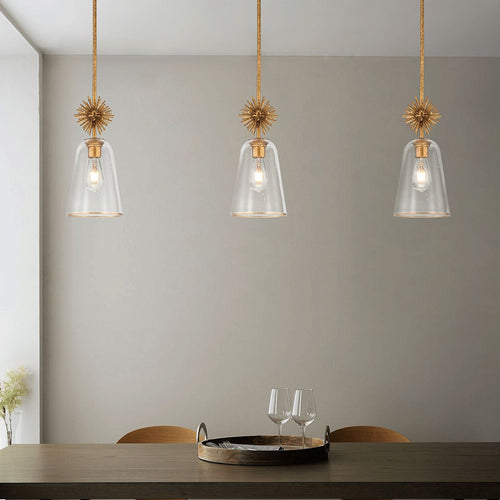 Schlanke Pendelleuchte, modernes Antik-Gold, 1 x E27, klarer Schirm
