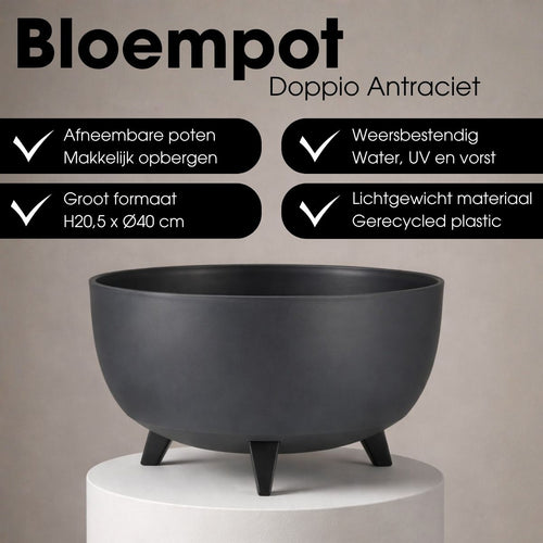 Mica Decorations Doppio Plantenbak op Poten - 20,5 x Ø40 cm - Plantenbakken voor Buiten - Bloembakken voor Balkon - Gerecycled Plastic - Antraciet