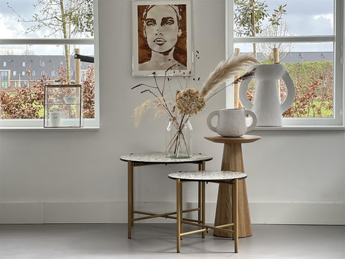 MaximaVida salontafel Lucca 49 cm kruisframe champagne goud - HPL terrazzo look - vtwonen shop