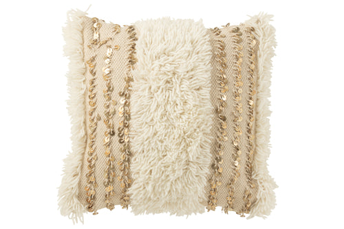 J-Line kussen Vierkant Lijnen Pailetten - wol/katoen - creme/goud