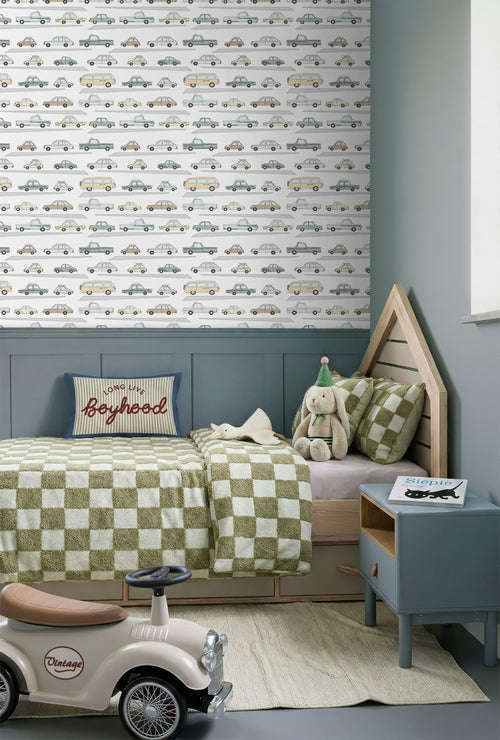 ESTAhome behang auto's vergrijsd groen, grijs en beige - 50 x 900 cm - 139537