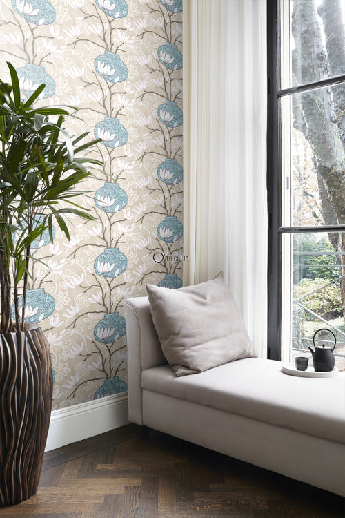 Origin Wallcoverings behang magnolia beige en turquoise - 53 cm x 10,05 m - 346923 - vtwonen shop