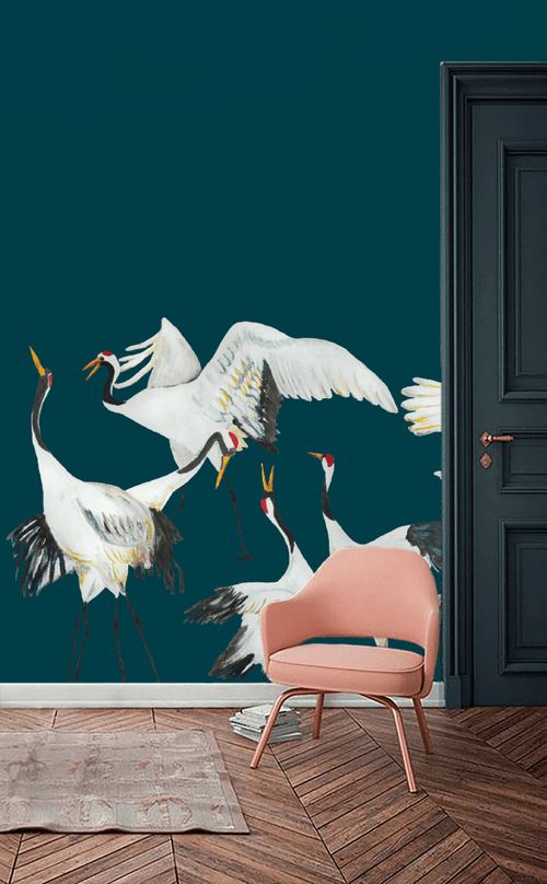 Catchii Behang Mural kraanvogels blauw Japanese Crane Dance - vtwonen shop