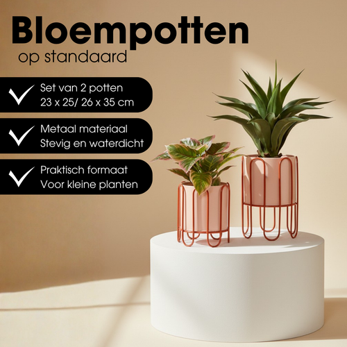 Mica Decorations Dione Bloempot op Standaard – Set van 2 – Plantenpot voor Bloemen en Kamerplanten – Bloempotten voor Binnen – IJzer – Roze