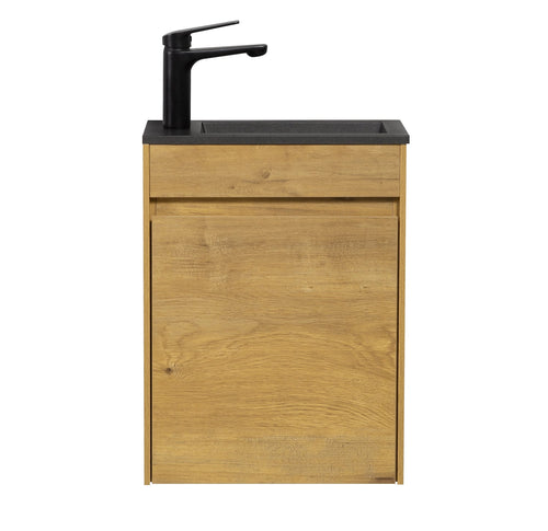 Badplaats Toiletmeubel Sinta 40 x 22 cm – Eiken – Fonteinmeubel met Zwarte Wastafel
