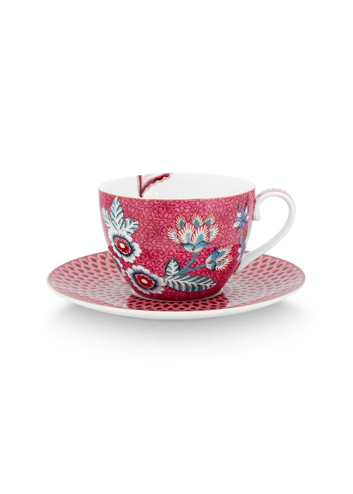 Pip Studio Flower Festival Kop en Schotel - Servies - Set van 2 - Donkerroze - 280ml - vtwonen shop