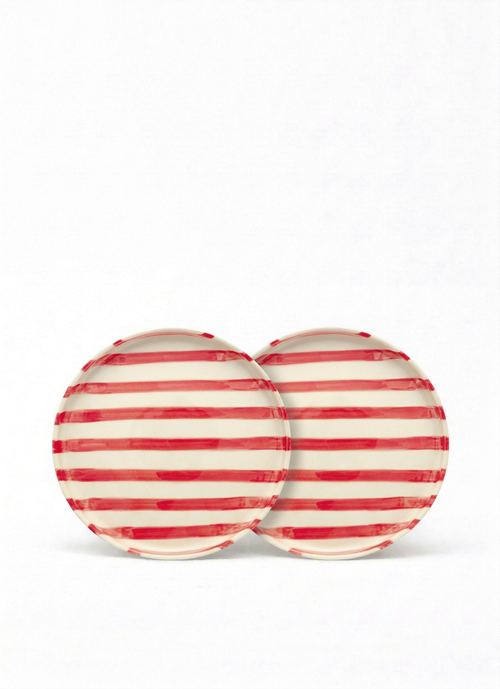 vtwonen -  Lunchbord - Strepen - Rood - Set van 2 - Keramiek - 20cm