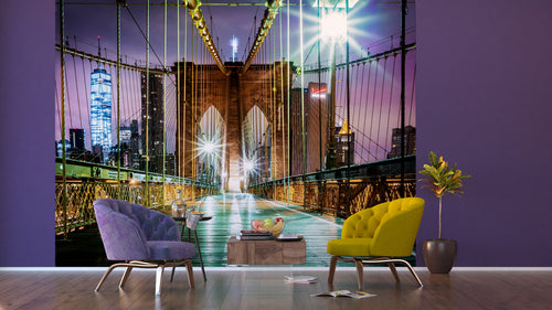 Sanders & Sanders fotobehang Brooklyn Bridge New York paars, groen en bruin - 375 x 270 cm - 600544