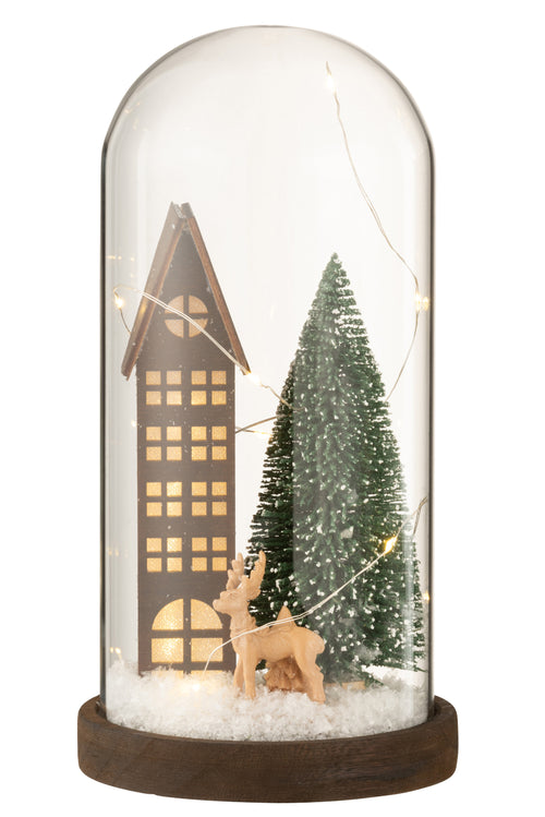 J-Line decoratie stolp Huis Kerst - glas/hout - bruin/groen - large - LED lichtjes - vtwonen shop