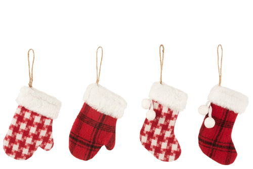 J-Line kersthanger Want/Kerstsok Geruit - textiel - rood/wit - 4 stuks - vtwonen shop