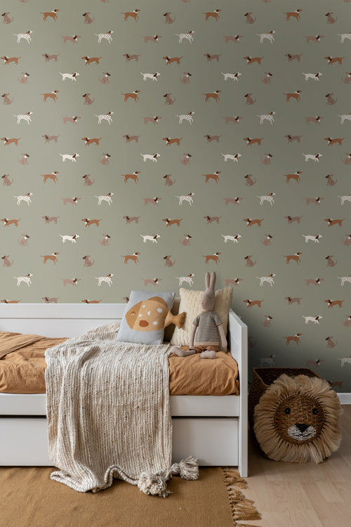 ESTAhome behang honden groen en bruin - 50 x 900 cm - 131382