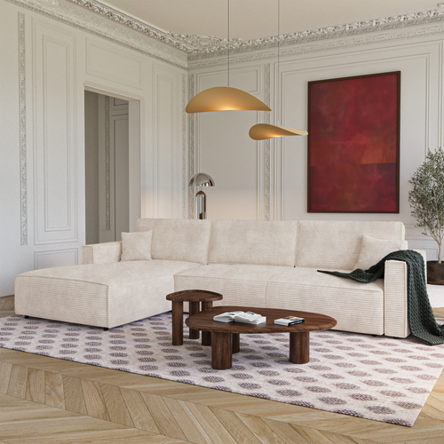 Premium Interiors - Linkshoekbank met slaapfunctie en opbergruimte  - corduroy crème 297cm