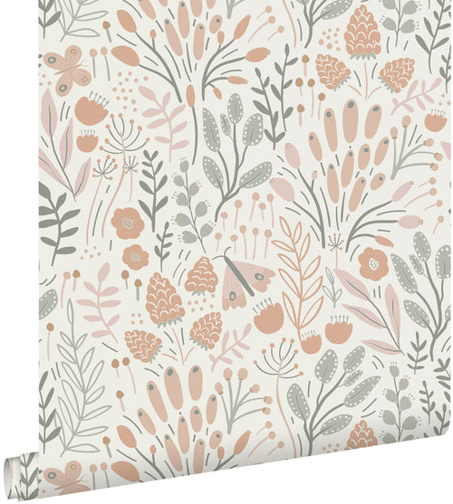 ESTAhome behang bladeren en bloemen lichtblauw en terracotta - 50 x 900 cm - 131387 - vtwonen shop