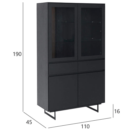 Furnhouse vitrinekast Tokyo - Zwart - MDF, zwart eikenfineer - 45x110x190