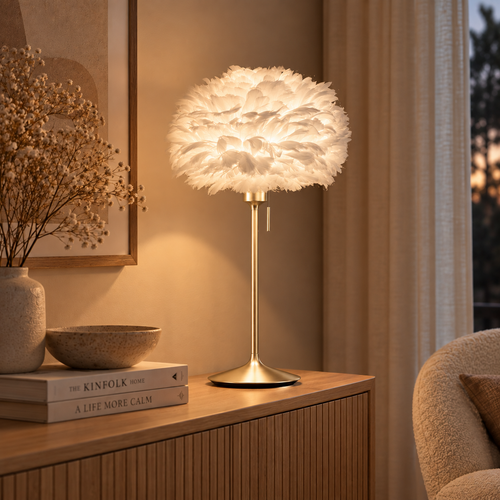 Umage Sante tafellamp brushed brass met usb en Eos mini white lampenkap