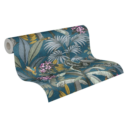 Livingwalls behang bosrijk landschap blauw, groen, geel en roze - 53 cm x 10.05 m - AS-387383