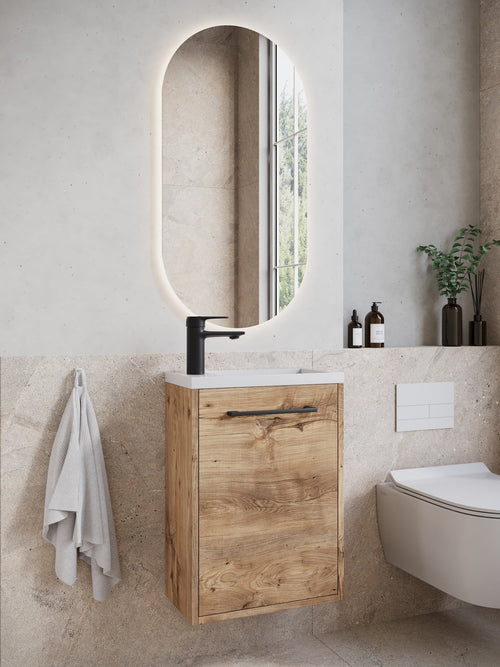 Badplaats Toiletmeubel Florence 40 x 22 cm – Kastanje eiken – Fonteinmeubel met Witte Wastafel