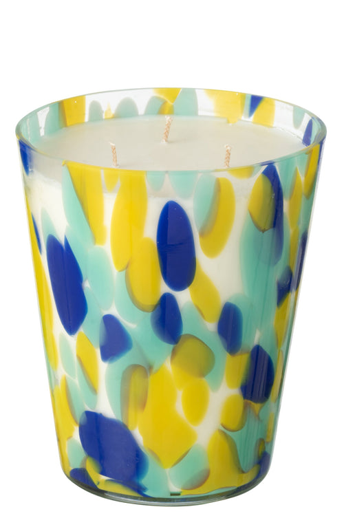 J-Line geurkaars Noa Strepen - White Tea - glas - blauw/geel - large - 95U