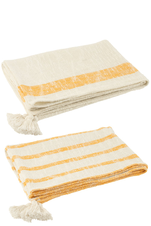 J-Line plaid Strepen + Kwasten - katoen - wit/oranje -  2 stuks