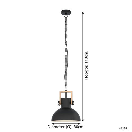 EGLO hanglamp Lubenham - 1 lichts - ø30cm. - e27 - zwart/hout - vtwonen shop