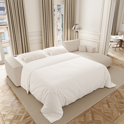 Premium Interiors - Rechthoekige hoekbank met snelle slaapfunctie COMO - bouclé-stof crème 300cm