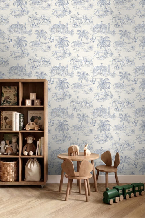 ESTAhome behang jungle dieren blauw en wit - 50 x 900 cm - 132121