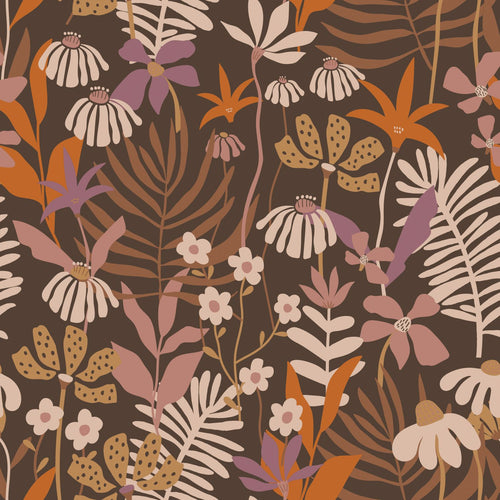ESTAhome behang tropische bladeren en bloemen bruin, paars en meerkleurig - 50 x 900 cm - 130998 - vtwonen shop