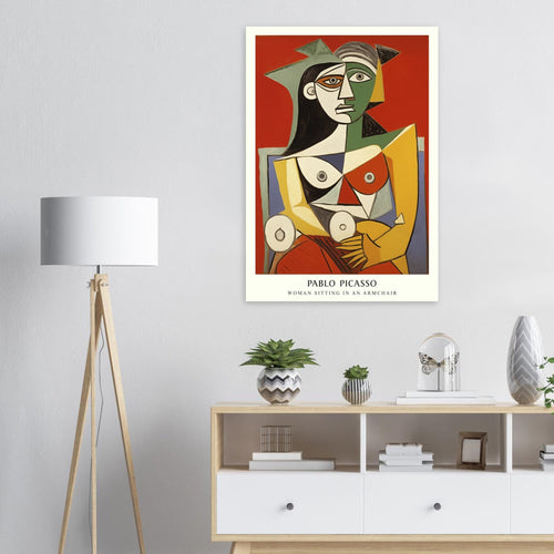 Artfulprints Poster met Lijst Pablo Picasso - Woman sitting in an armchair   - 70x100 cm - Rood