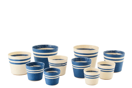 J-Line bloempot Gestreept - papier - wit/blauw - extra large - set van 2