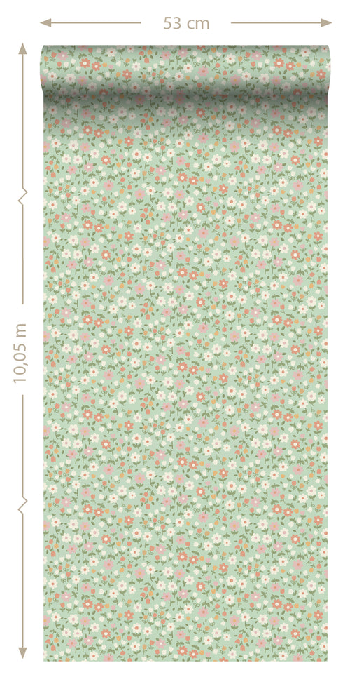ESTAhome behang bloemetjes groen, terracotta roze en wit - 50 x 900 cm - 139470
