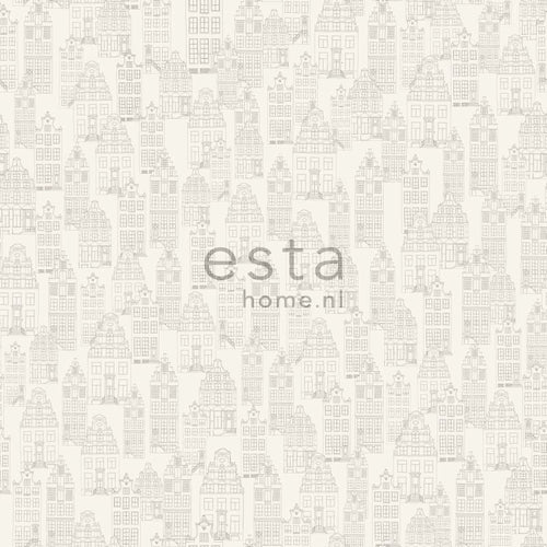 ESTAhome behang Amsterdamse huizen zilver - 53 cm x 10.05 m - 137710