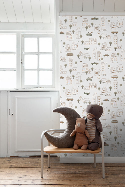 ESTAhome behang voertuigen wit, bruin en groen - 50 x 900 cm - 131826