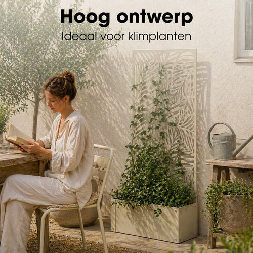 Mica Decorations Sapri Plantensteun - Plantenbak met Klimrek voor Klimplanten - Plantenstandaard Vrijstaand of tegen Muur - 57,5 x 21 x 118 cm - Off