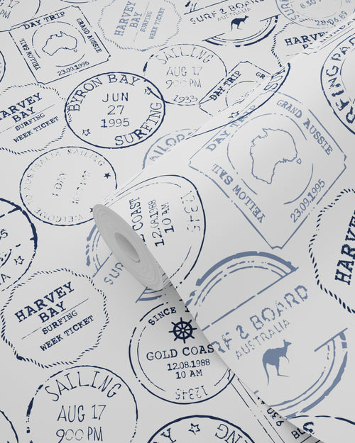 ESTAhome behang Australische stempels donkerblauw en wit - 53 cm x 10.05 m - 138980