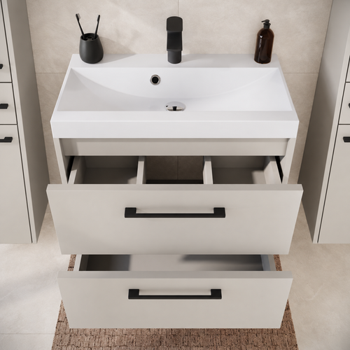 Badplaats Badkamermeubel Set Florence 60 cm XL – Beige – Hangend Badmeubel met Wastafel, Spiegelkast en Zijkasten