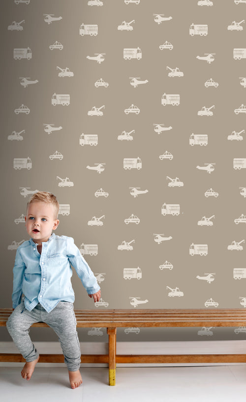 ESTAhome behang auto's, brandweerauto's, helikopters en kranen taupe - 53 cm x 10.05 m - 131399 - vtwonen shop