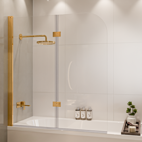 LOMAZOO badwand Caracas - 2 delig - draaibaar - anti kalk nano coating - helder glas - goud - 120 x 140 cm